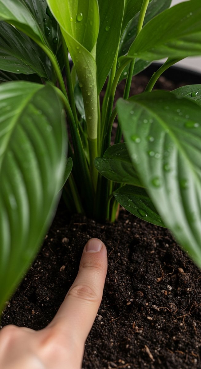 a person checking soil moisture of a peace lilies plant before watering, for watering peace lilies