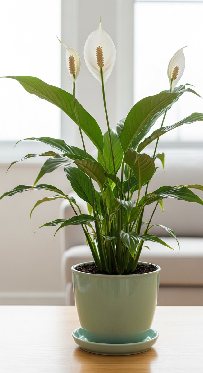 a peace lilies plant in a pot with a saucer underneath