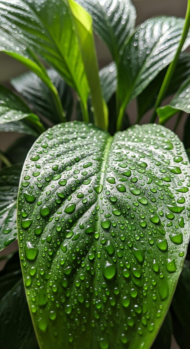 a peace lilies plant with water droplets on the leaves after watering
