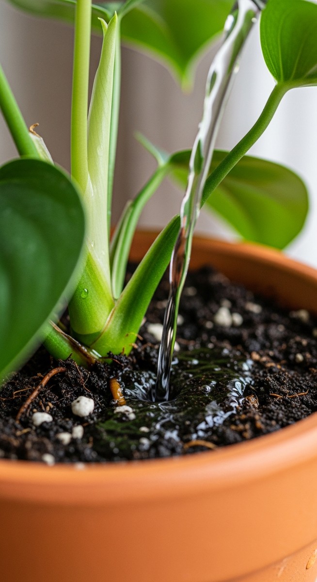 close-up of water being poured into the soil of a philodendron plant