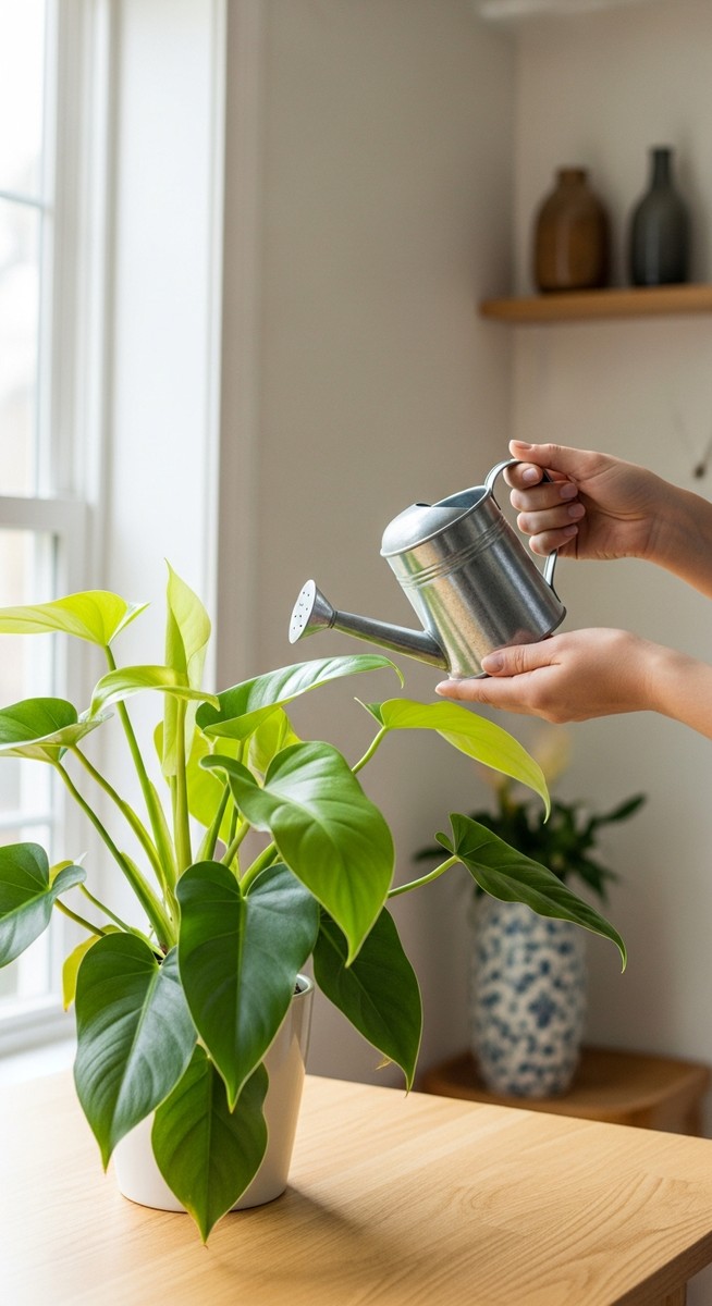 a person watering a philodendron plant with a watering can, for watering philodendrons