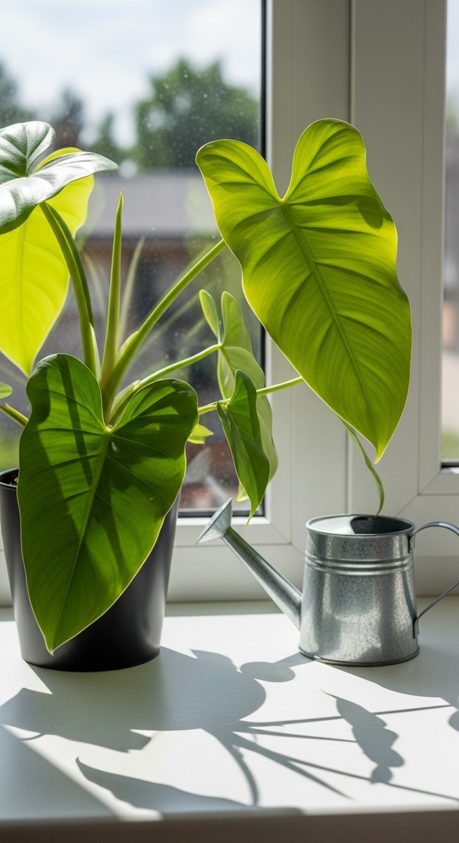 a philodendron plant on a windowsill next to a small watering can