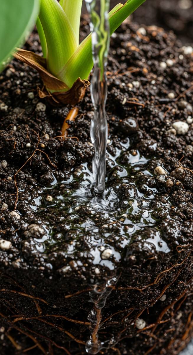 close-up of water soaking into the soil of a philodendron plant, for watering philodendrons