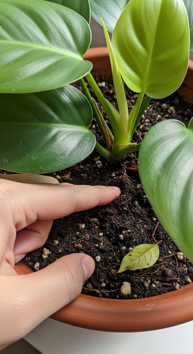 a person checking soil moisture of a philodendron plant before watering, for watering philodendrons