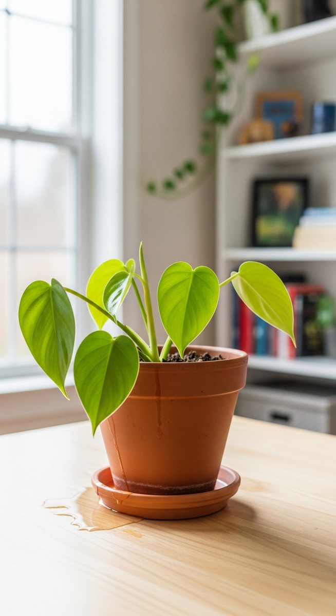 a philodendron plant in a pot with a saucer underneath
