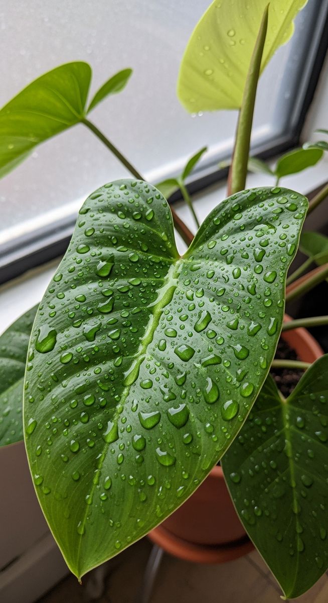 a philodendron plant with water droplets on the leaves after watering