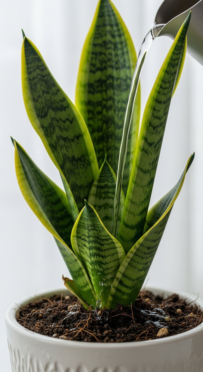close-up of water being poured into the soil of a snake plant plant
