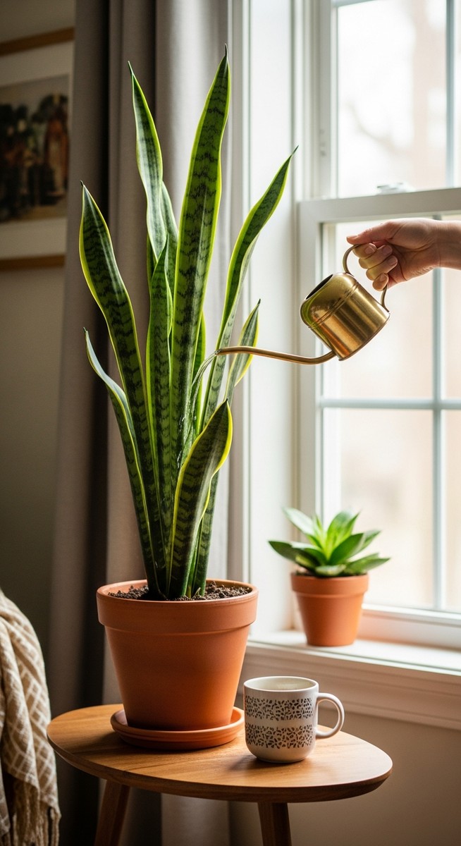 a person watering a snake plant plant with a watering can, for watering snake plants