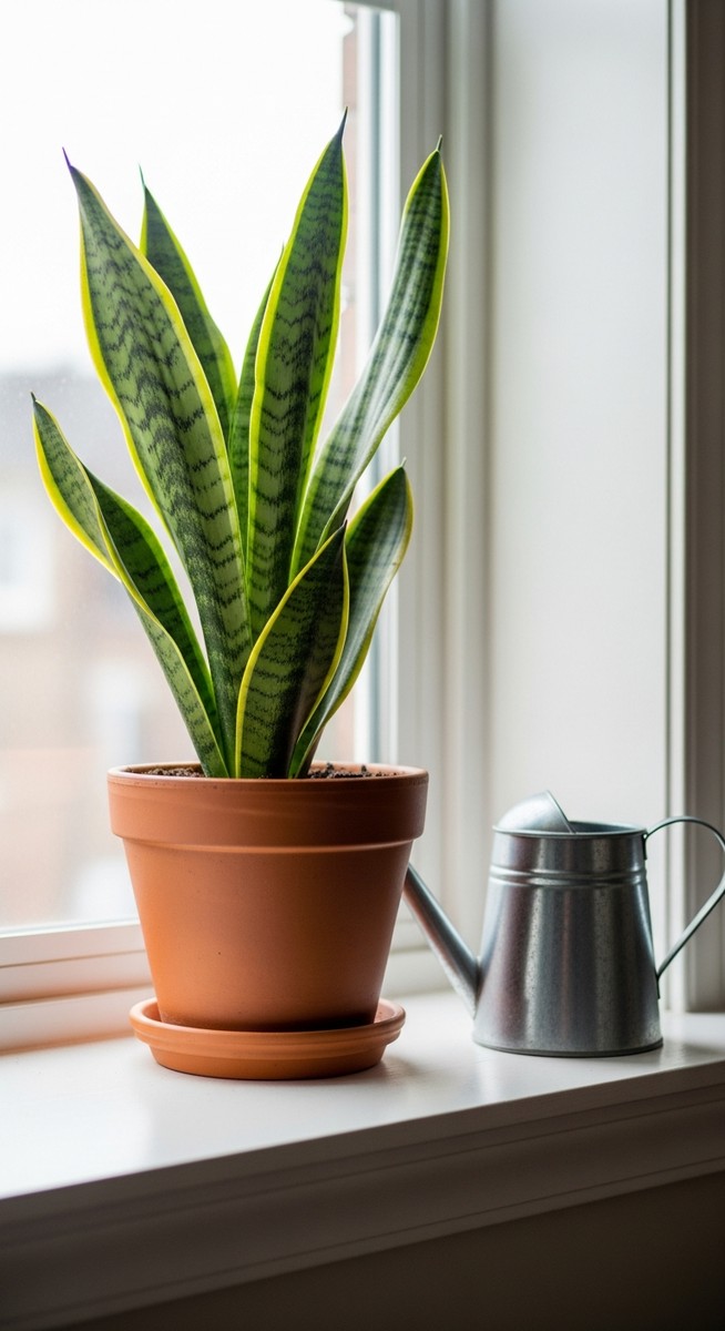 a snake plant plant on a windowsill next to a small watering can