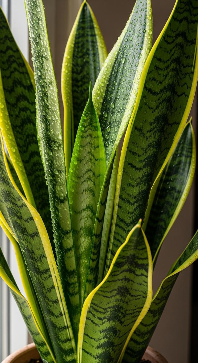 a snake plant plant with water droplets on the leaves after watering