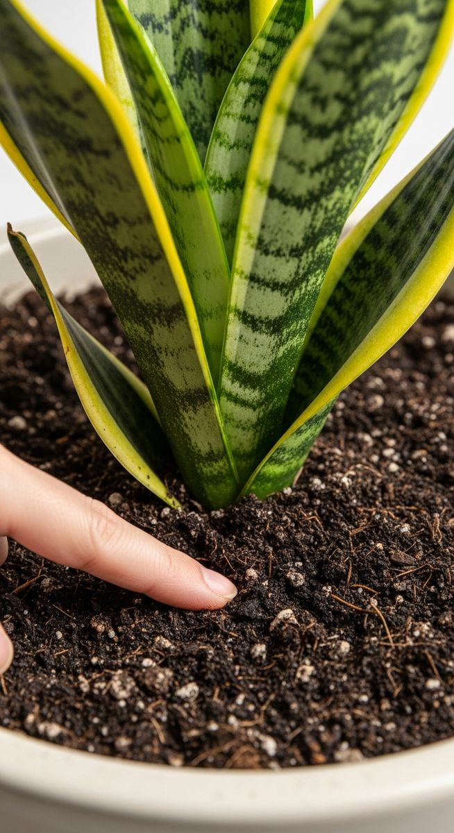 a person checking soil moisture of a snake plant plant before watering, for watering snake plants