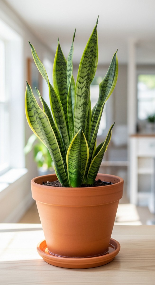 a snake plant plant in a pot with a saucer underneath