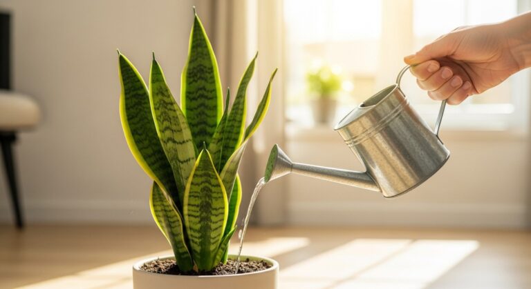 a watering can pouring water into a pot containing a snake plant plant, for watering snake plants