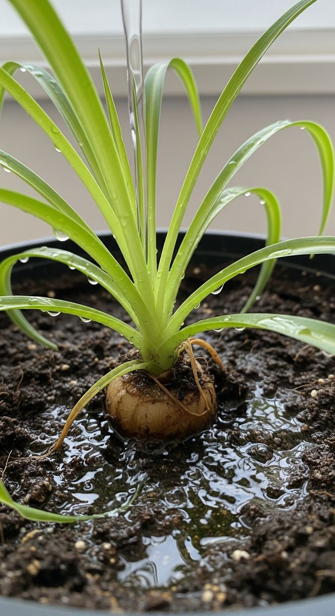 close-up of water being poured into the soil of a spider plant plant