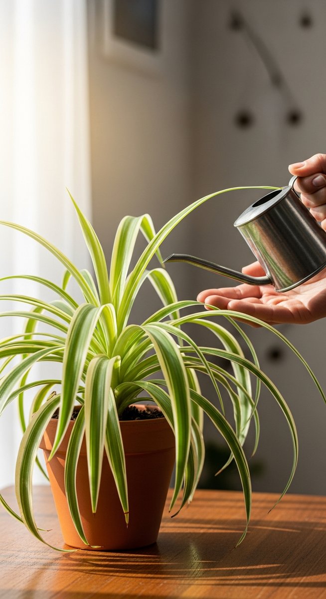 a person watering a spider plant plant with a watering can, for watering spider plants