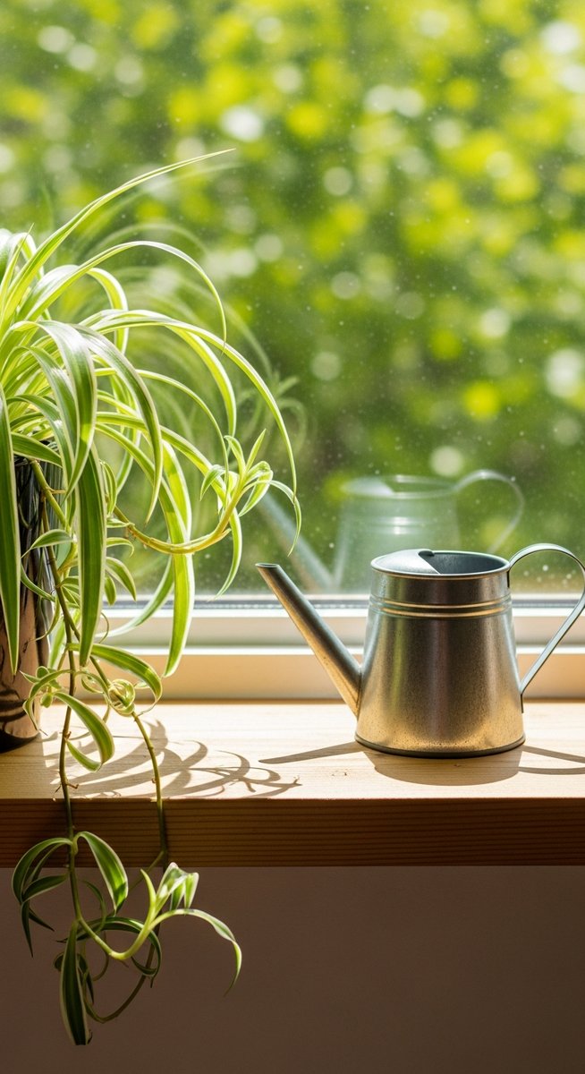 a spider plant plant on a windowsill next to a small watering can