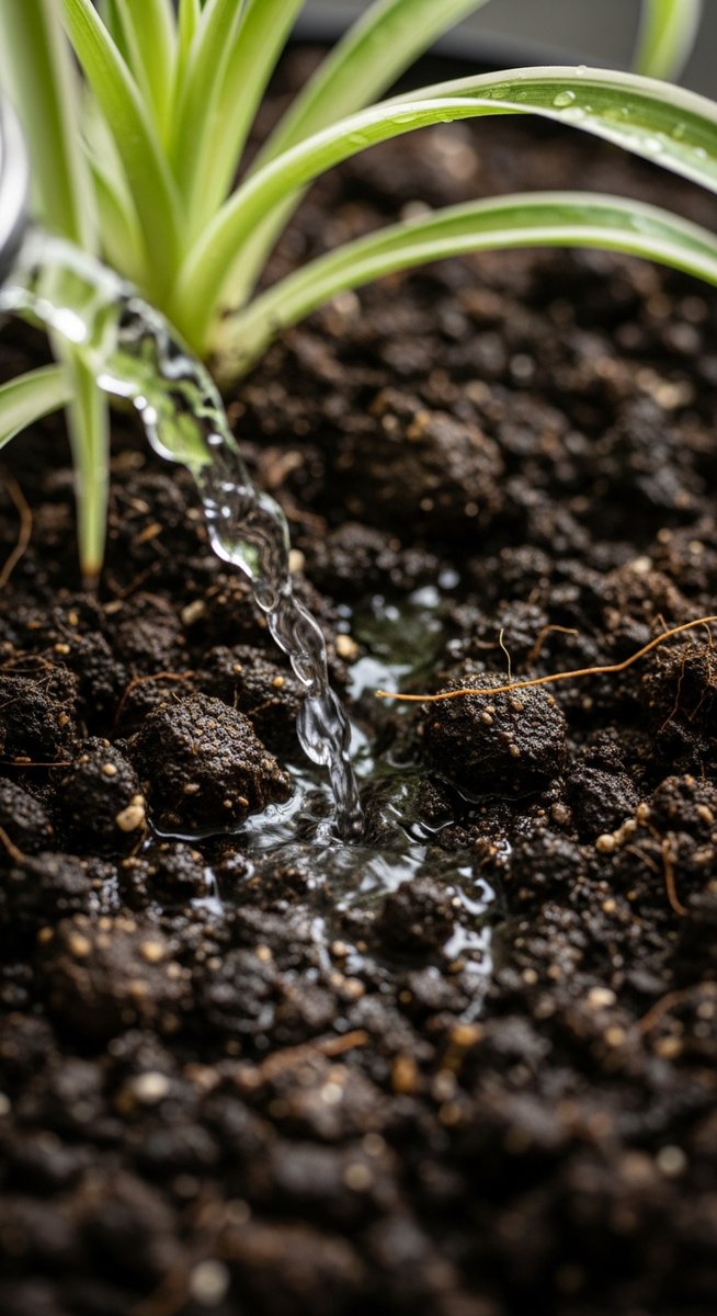 close-up of water soaking into the soil of a spider plant plant, for watering spider plants