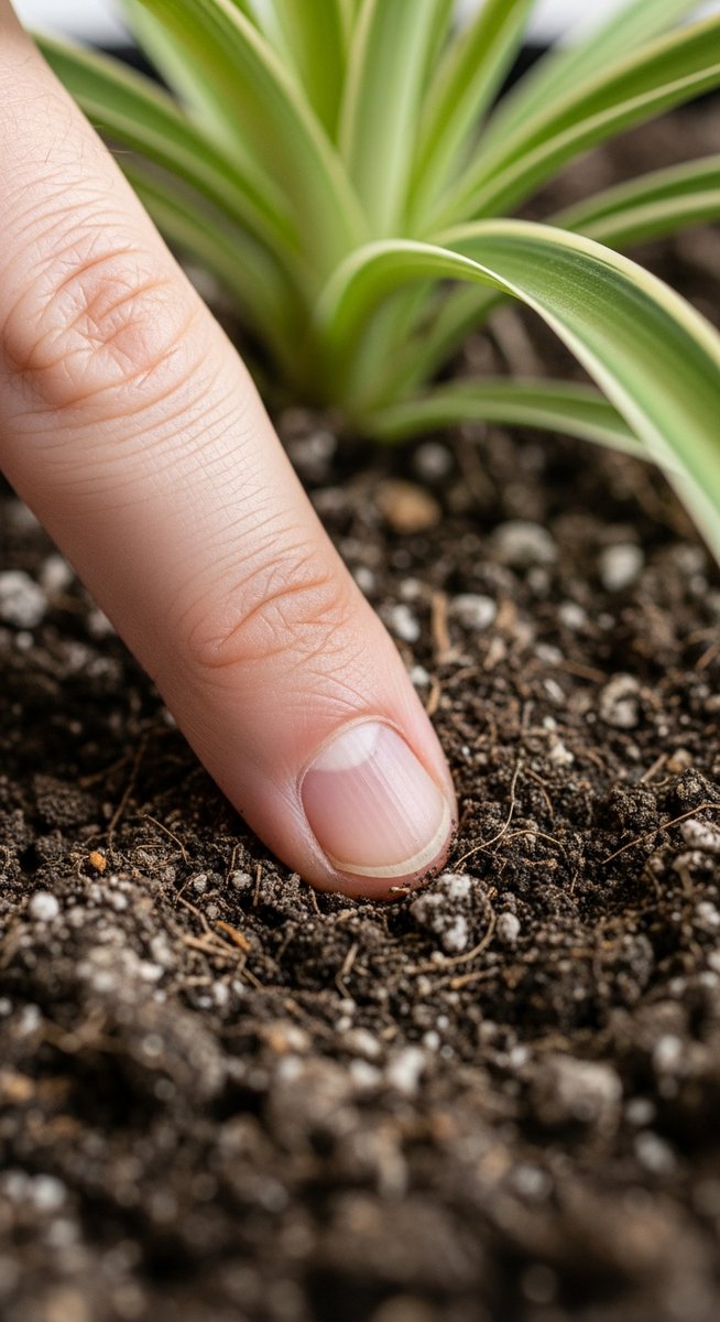 a person checking soil moisture of a spider plant plant before watering, for watering spider plants