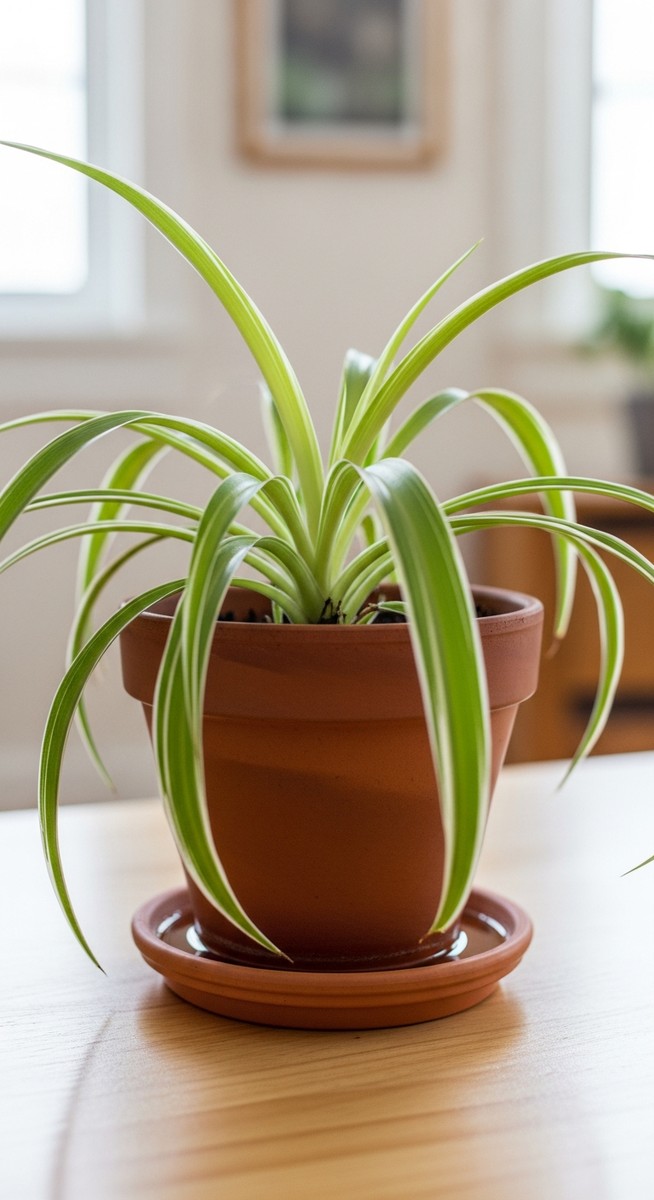 a spider plant plant in a pot with a saucer underneath