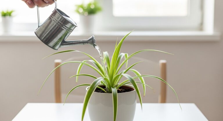 a watering can pouring water into a pot containing a spider plant plant, for watering spider plants