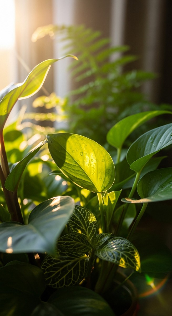 close-up of mixed houseplants plant leaves with natural summer light