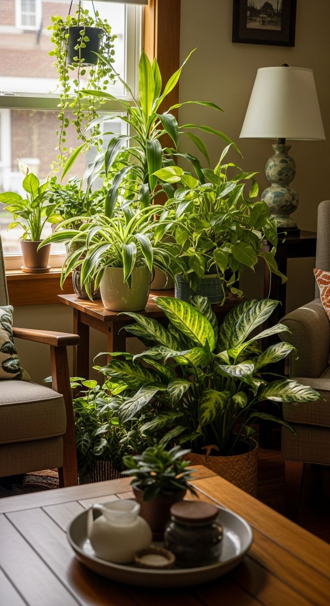 houseplants including a mixed houseplants plant grouped together in summer