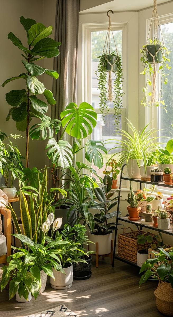 a mixed houseplants plant thriving in a bright sunny home interior in summer in summer