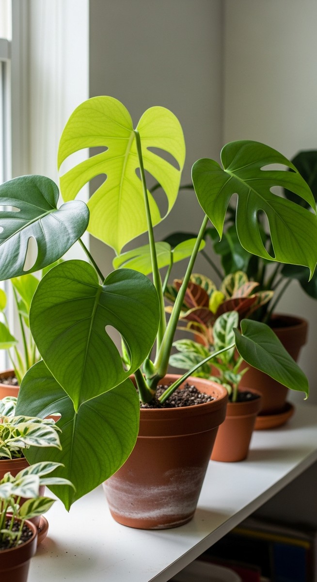 a lush monstera plant in a terracotta pot on a white shelf