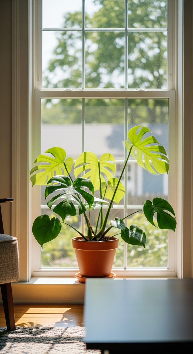 a monstera plant in a pot near a bright window