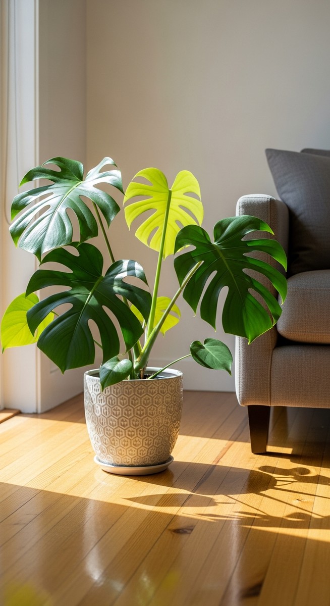 a monstera plant in a decorative pot on a wooden floor