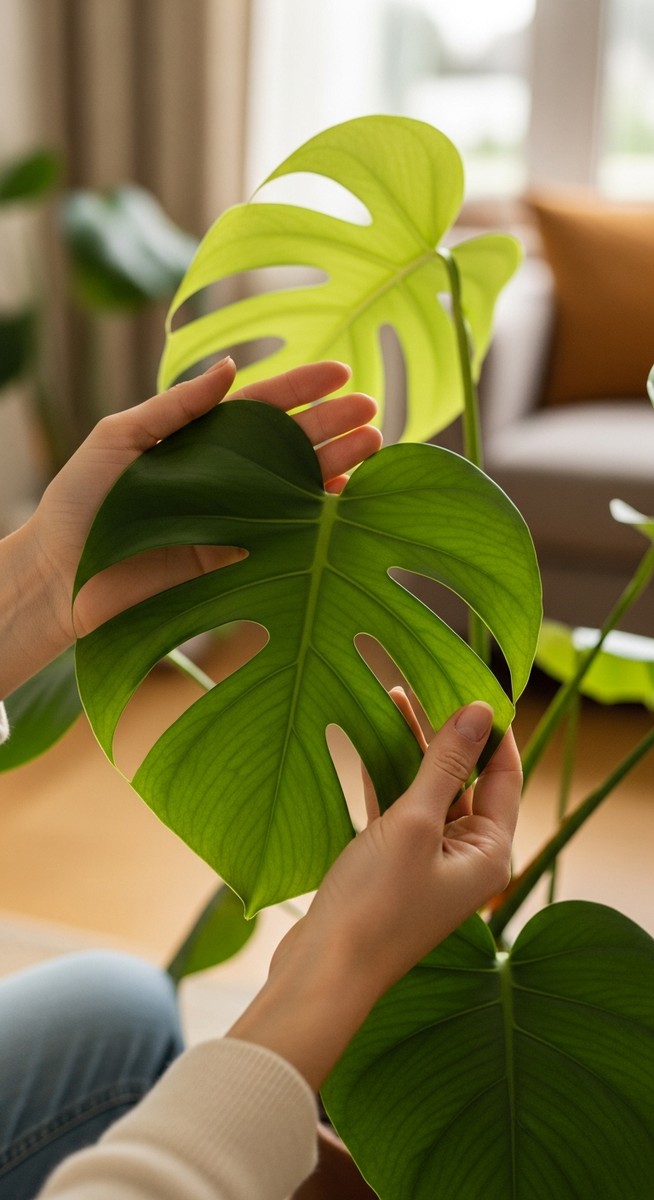 hands touching the leaves of a healthy monstera plant