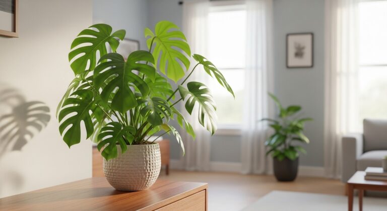 a healthy monstera plant displayed in a bright modern living room, for when do monstera leaves split