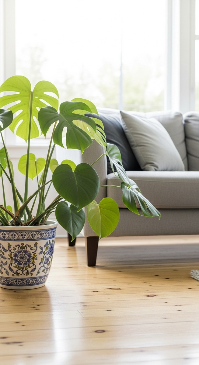 a monstera plant in a decorative pot on a wooden floor