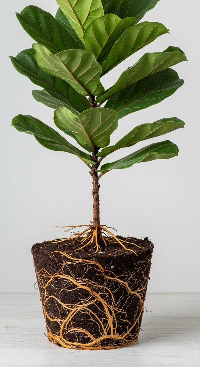 close-up of a fiddle leaf fig plant's root ball exposed after removing from its pot