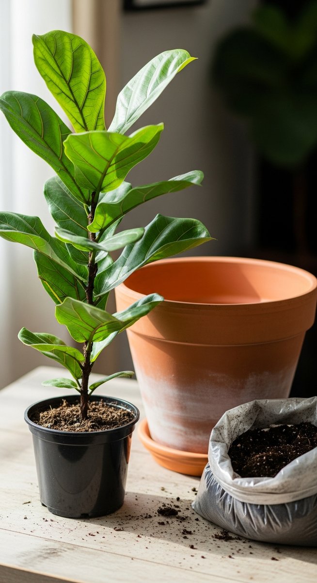 a fiddle leaf fig plant next to a larger pot and fresh potting soil ready to repot, for when to repot fiddle leaf fig