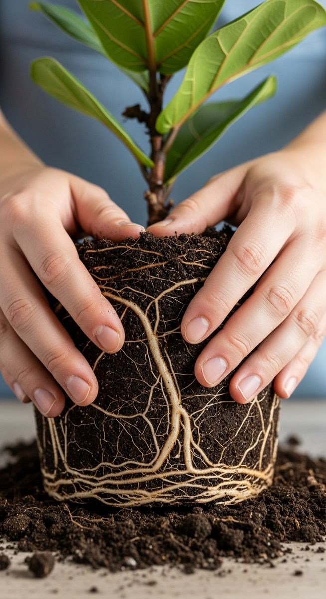 hands loosening compacted soil around a fiddle leaf fig root ball