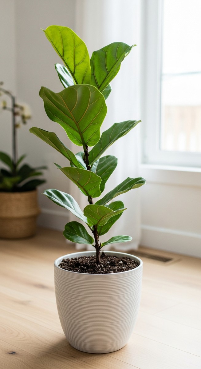 a freshly repotted fiddle leaf fig plant in a new pot with fresh soil, for when to repot fiddle leaf fig