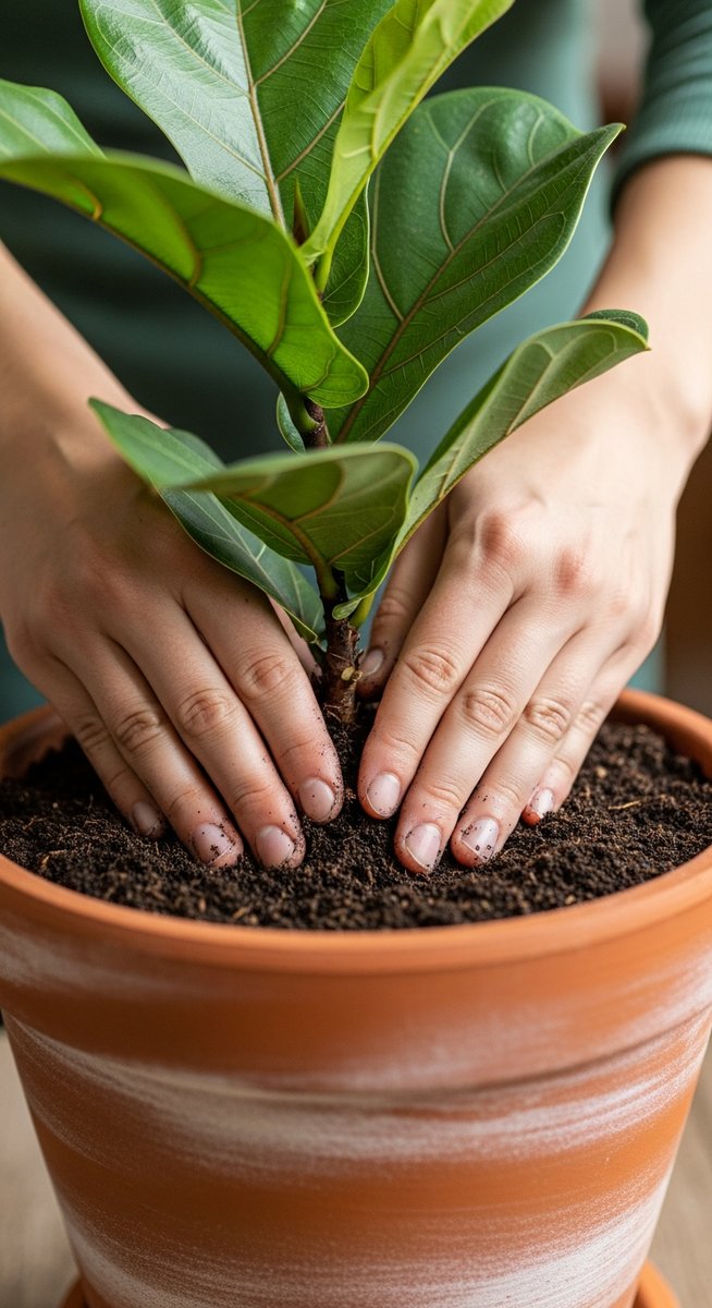 hands pressing fresh soil around a fiddle leaf fig plant in its new pot