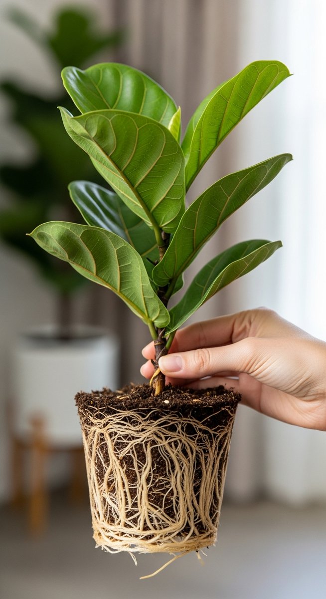 a fiddle leaf fig plant held with roots visible ready to go into a new pot, for when to repot fiddle leaf fig