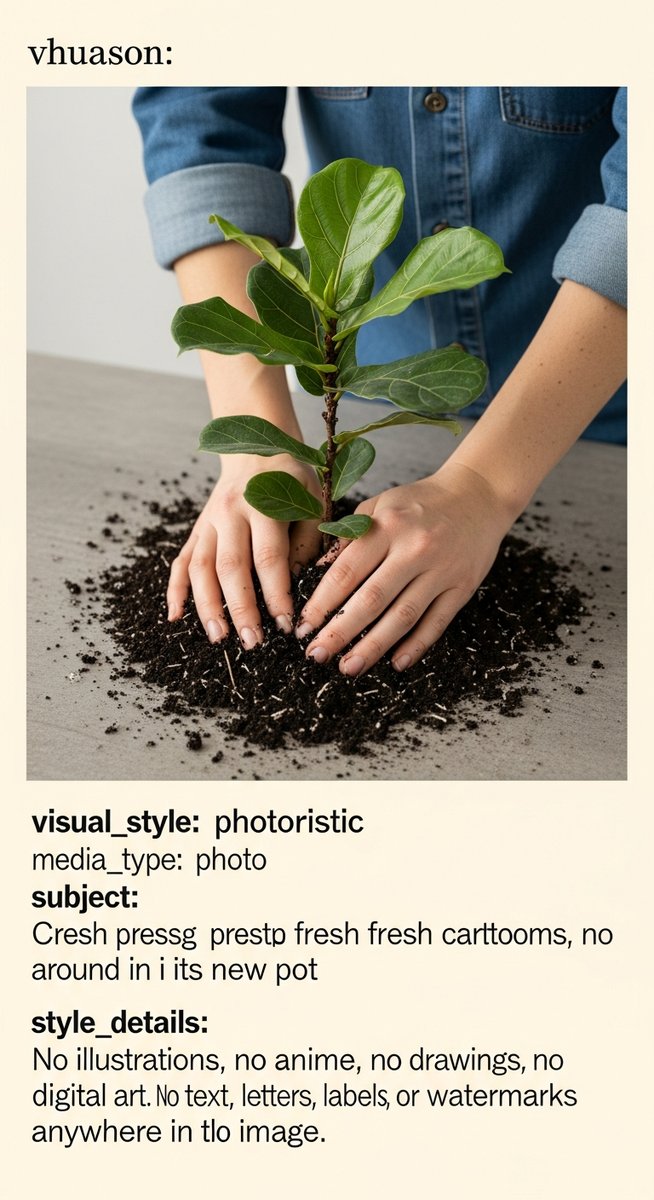 hands pressing fresh soil around a fiddle leaf fig plant in its new pot