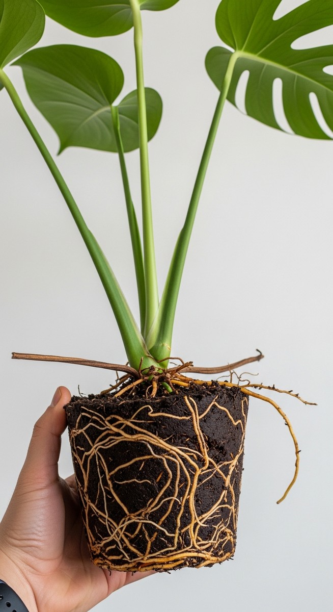 close-up of a monstera plant's root ball exposed after removing from its pot