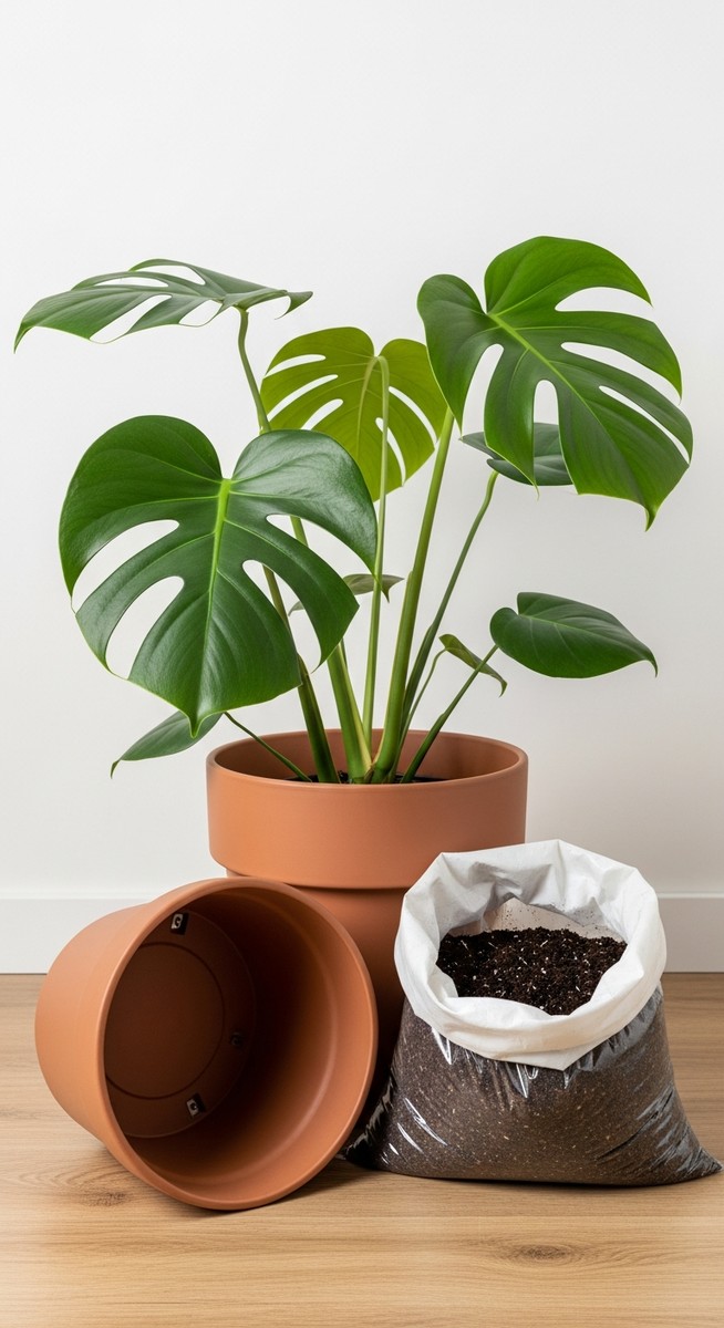 a monstera plant next to a larger pot and fresh potting soil ready to repot, for when to repot monstera