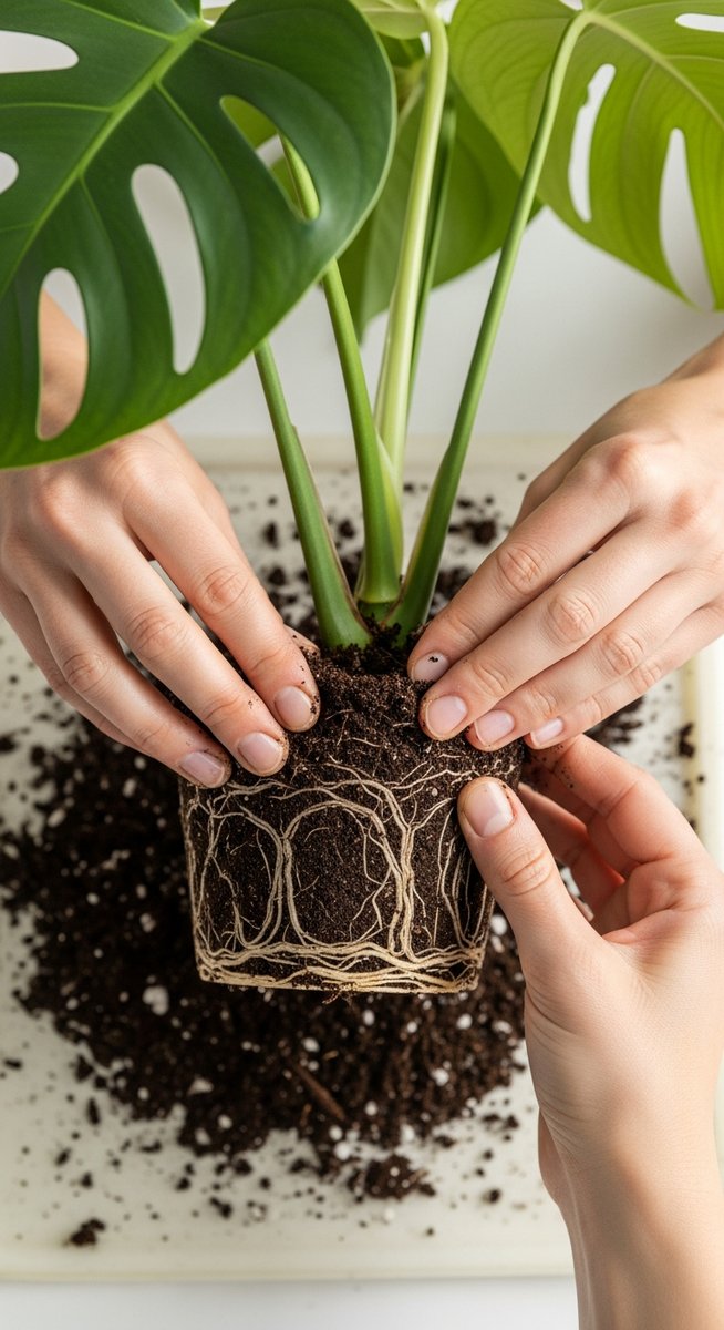 hands loosening compacted soil around a monstera root ball