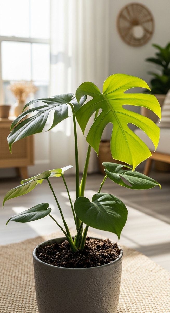 a freshly repotted monstera plant in a new pot with fresh soil, for when to repot monstera