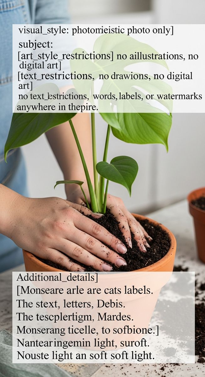 hands pressing fresh soil around a monstera plant in its new pot