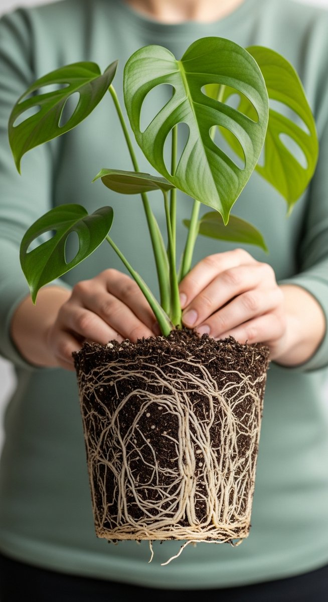 a monstera plant held with roots visible ready to go into a new pot, for when to repot monstera