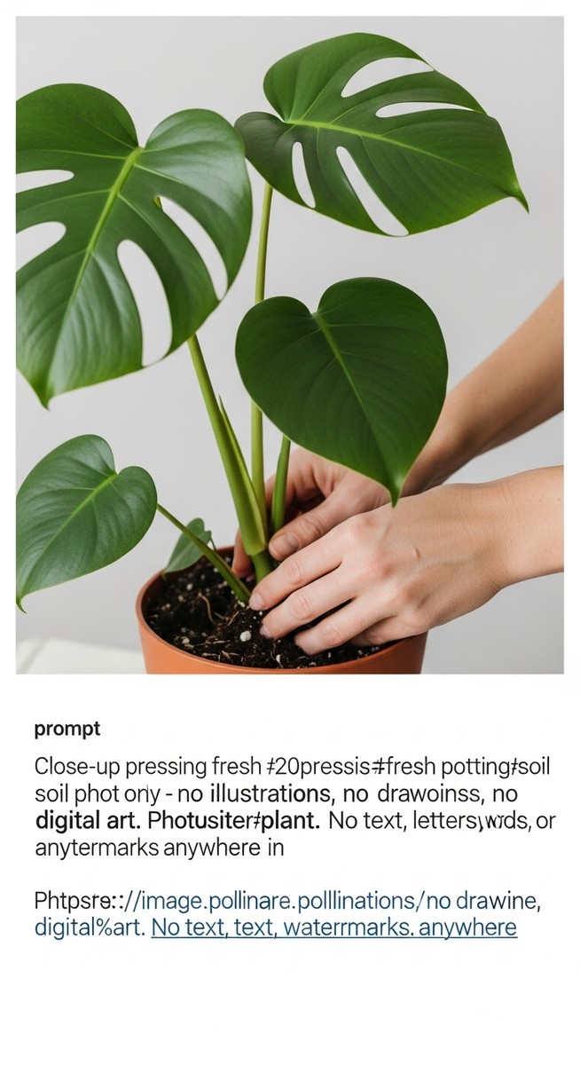 hands pressing fresh soil around a monstera plant in its new pot