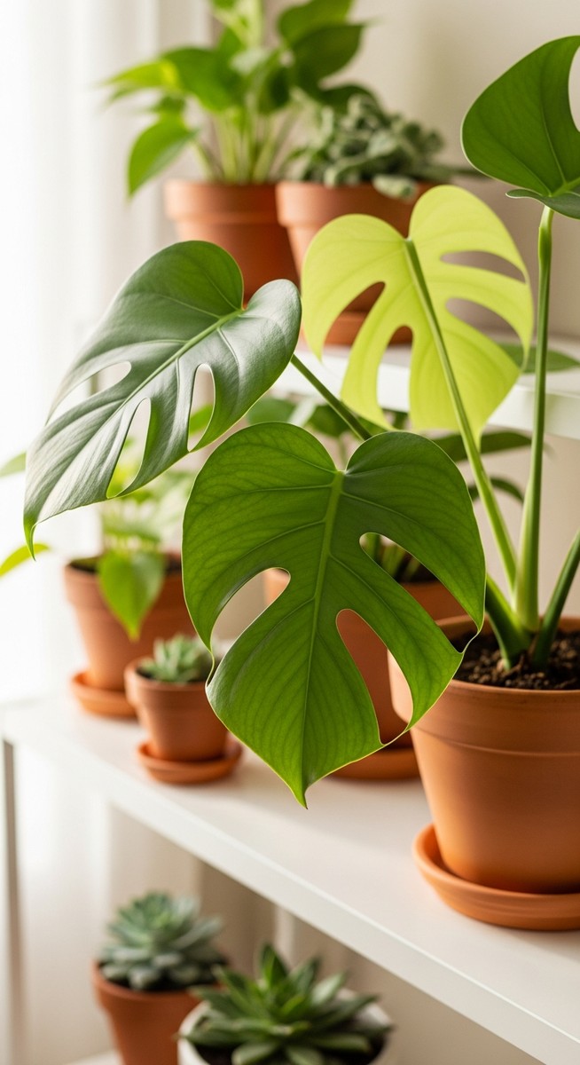 a lush monstera plant in a terracotta pot on a white shelf