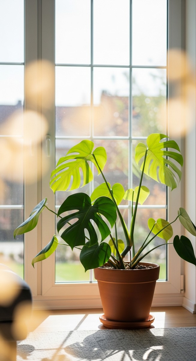 a monstera plant in a pot near a bright window
