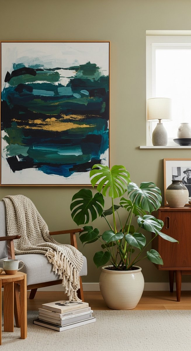 a large thriving monstera plant as a living room focal point, for white albino monstera
